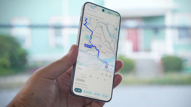 Google Maps displaying driving directions within a saved map while offline.
