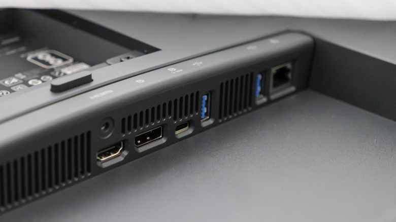Monitor's back panel featuring multiple ports, including HDMI, USB-A, and USB-C
