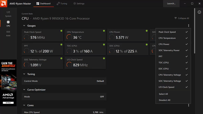 AMD Ryzen Master showing CPU temperature, power, clock speed, and other system metrics.