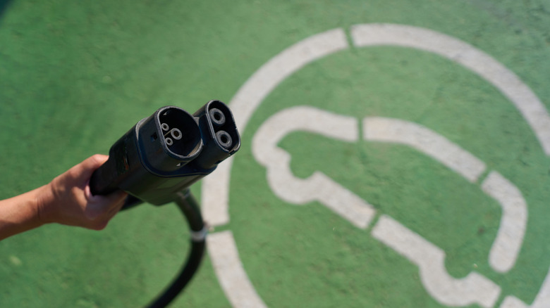 Person holding electric car charger