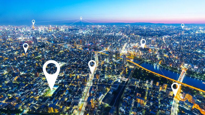 Cityscape view with location data pins shown all over the map.