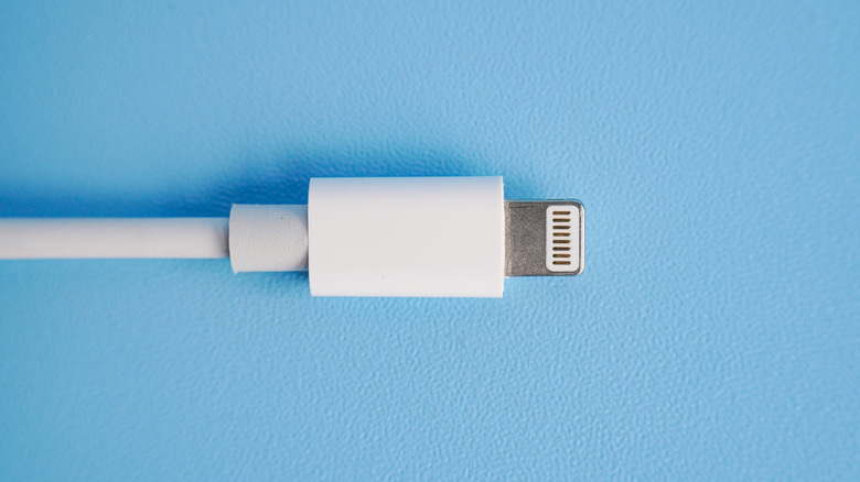 An Apple Lightning cable against a light blue background