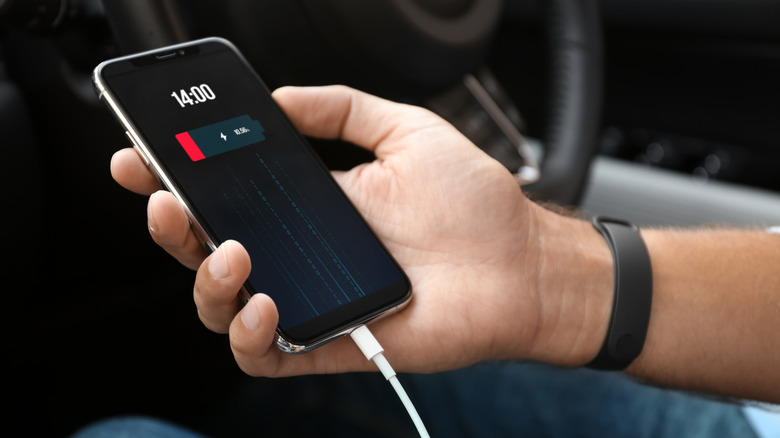A person sitting in a car with their phone charging via USB