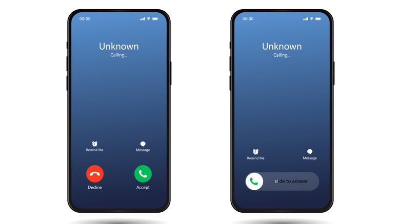 two iphones with incoming calls, one has Accept and Decline options while the other shows slide to answer