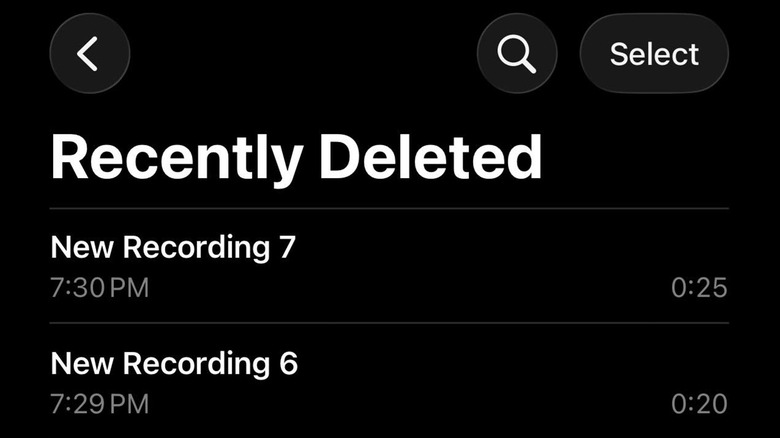 The Recently Deleted section of the iPhone's Voice Memo app.