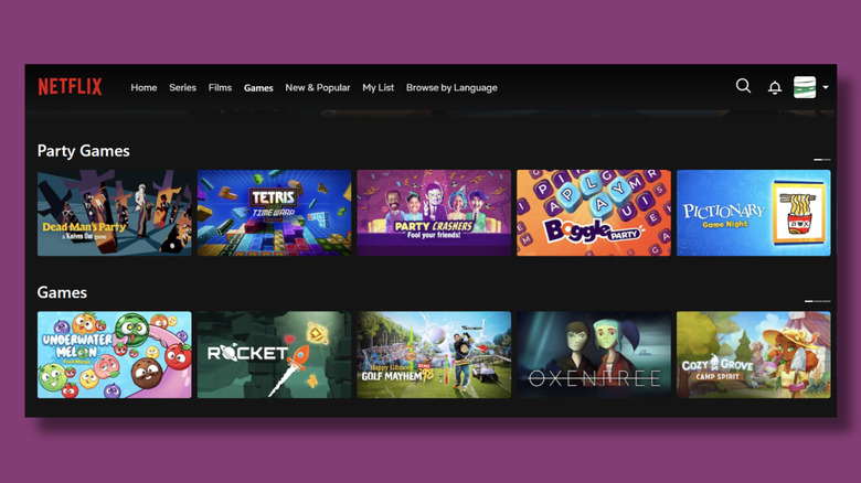 Netflix screen showing games