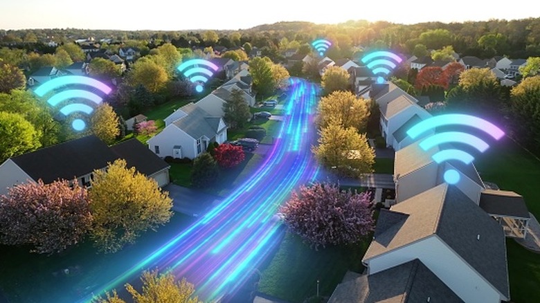 Internet signals over houses in a neighborhood.