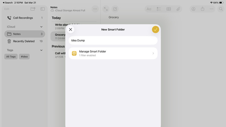 Creating a new Smart Folder in iPad Notes