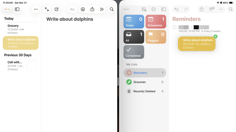 Dragging a note from Notes to Reminders