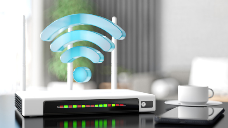 A Wi-Fi router on a living room table with a Wi-Fi symbol above it in the air