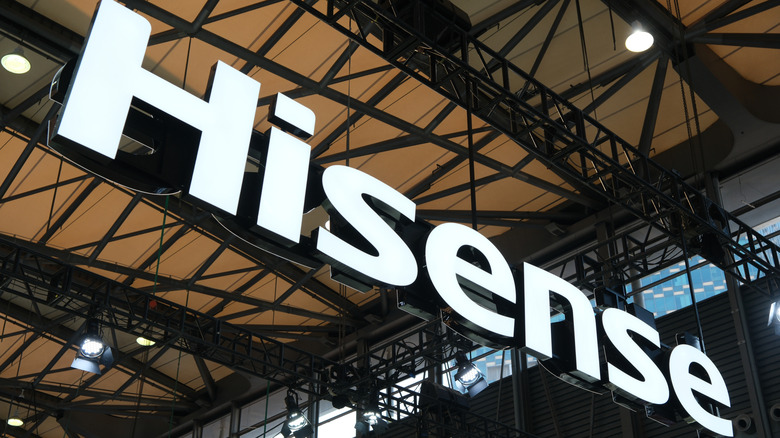 The Hisense logo attached to steelwork.