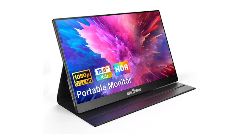 InnoView Portable Monitor with the bright screen on display, propped up by the cover.