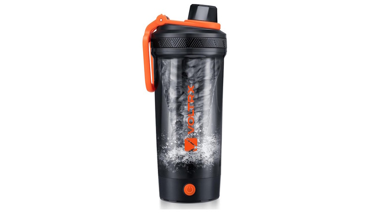Voltrx Electric Protein Shaker with a spinning vortex inside the bottle