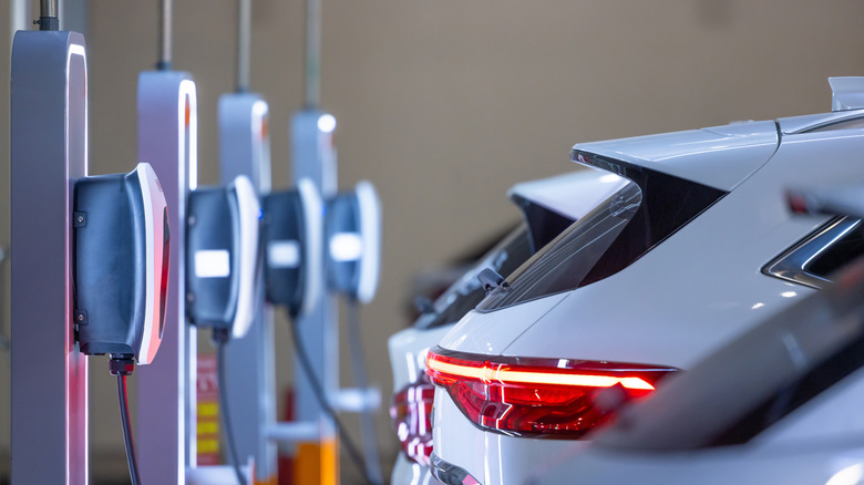 Person looking at their phone in front of an EV charger