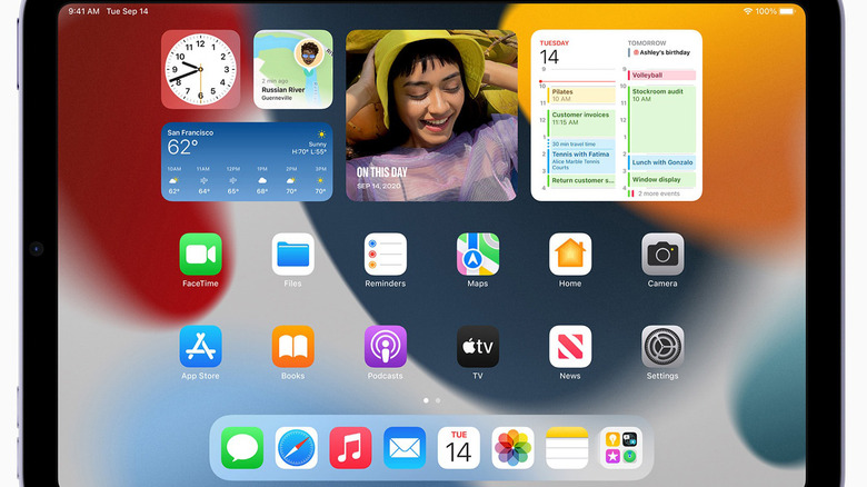An Apple iPad showing a dashboard screen with iOS 15.