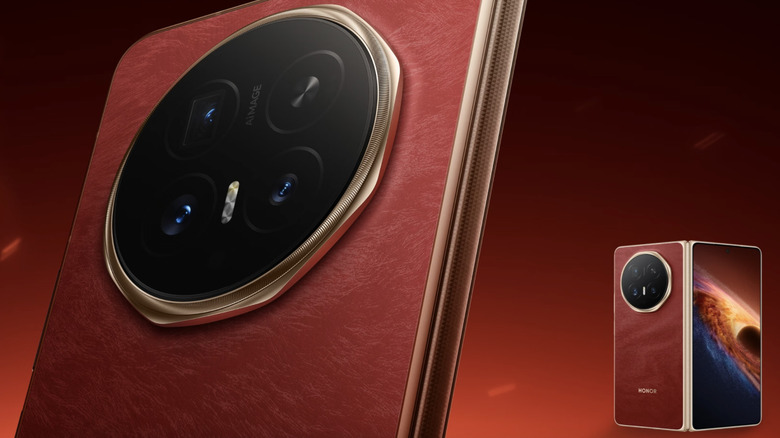 The Honor Magic V6 in red, with a close-up on the rear camera.