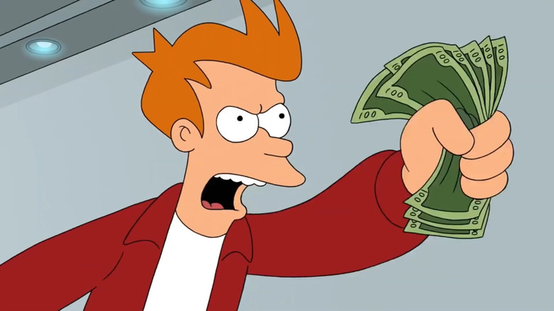 Fry from Futurama holding up a wad of $100 bills and yelling