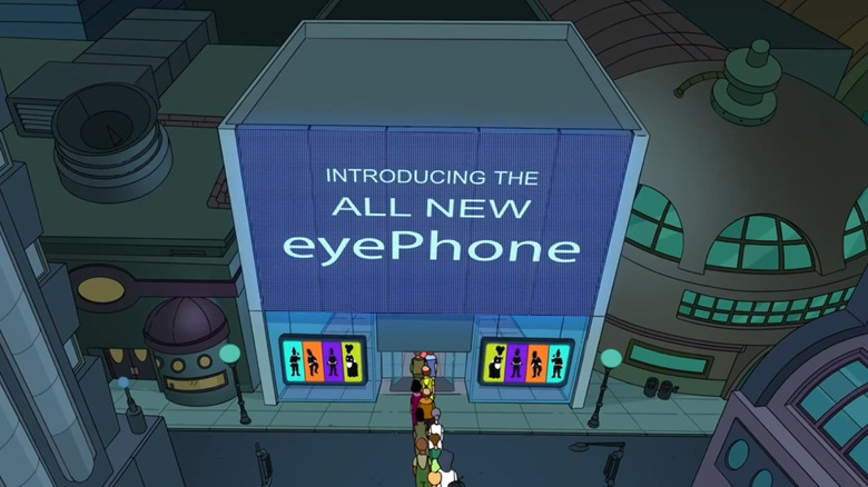 A long line entering a store with a sign that says "Introducing the all new eyePhone" in and episode of "Futurama"