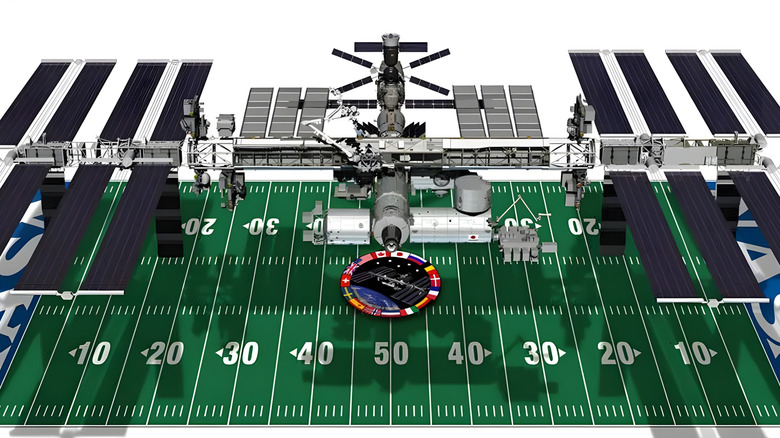 An artistic render of the International Space Station over an American football field.