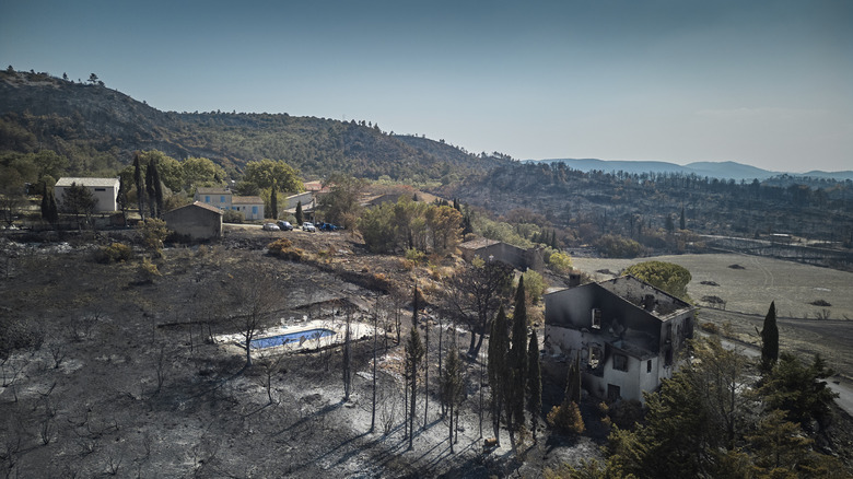 A burned house and property from a fire in France