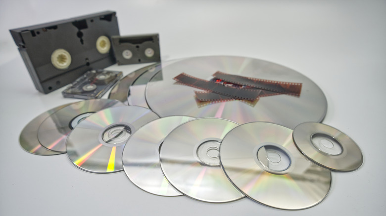 Discs, cassettes, and reels from various storage formats.