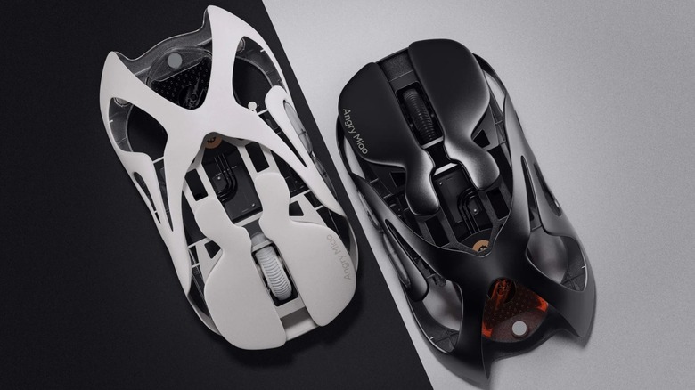 Black and white Angry Miao wireless AM Infinity Mice in front of white and black backgrounds