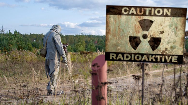 a nuclear radioactive warning sign outside of Chernobyl