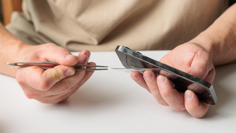 Person adding a screen protector to a phone