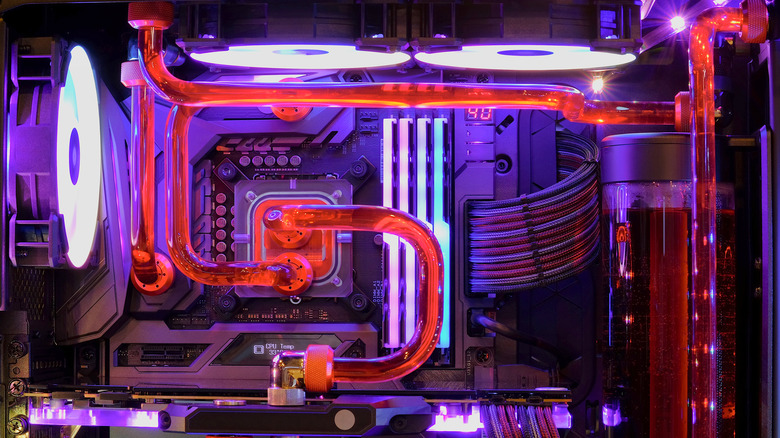 An interior of a liquid cooled PC.