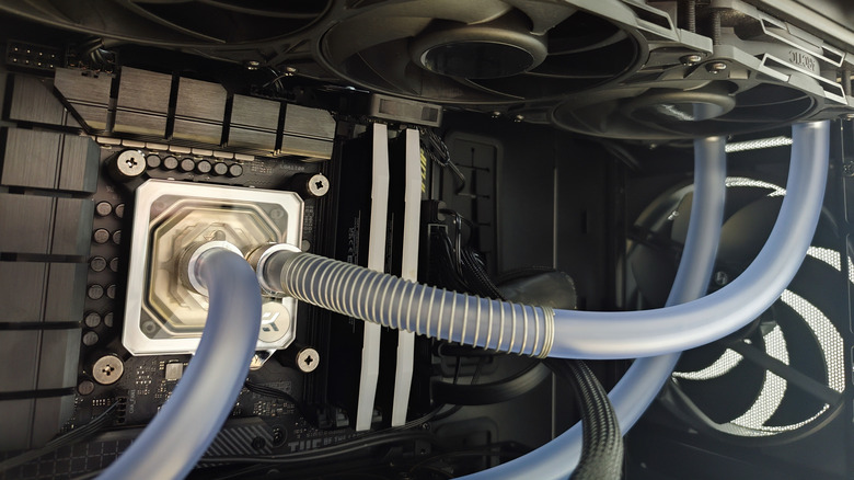 Close-up view of a liquid cooling water block.