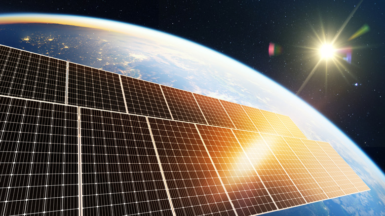 solar panel in space, floating above the earth, sunlight glaring off it