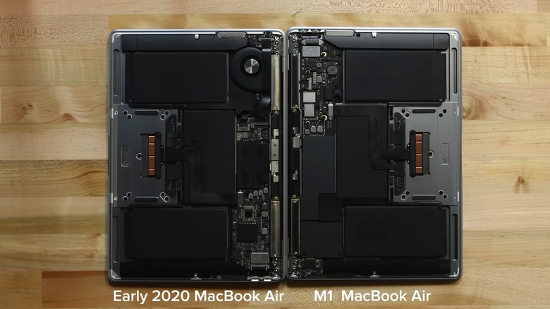 iFixit's MacBook Air internal design comparison: Early 2020 Intel MacBook Air had a fan (left), while the M1 MacBook Air came without a fan (right).