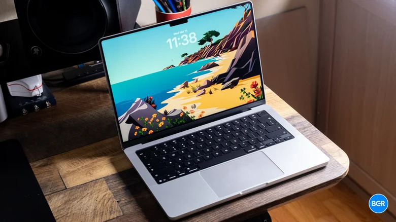 The M5 Max MacBook Pro on a desk.