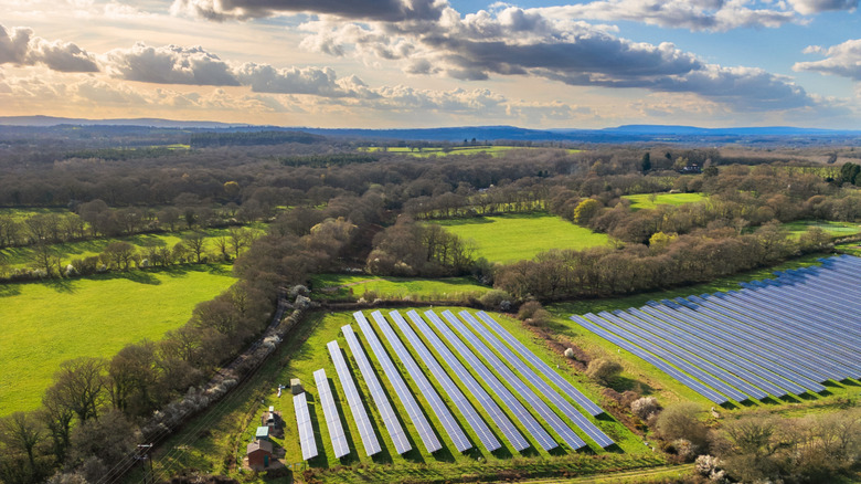 Aerial view of a solar farm on the British countryside