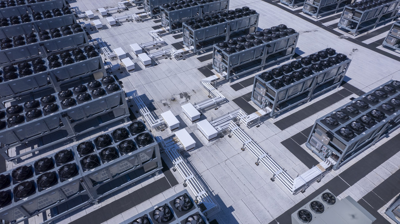 Aerial view of hyperscale data center rooftop cooling units
