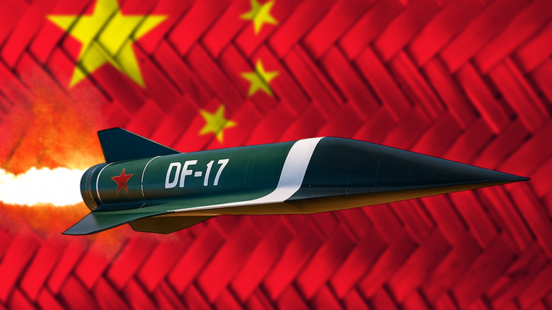 China's DF-17 hypersonic missile flying in front of the Chinese flag in the background