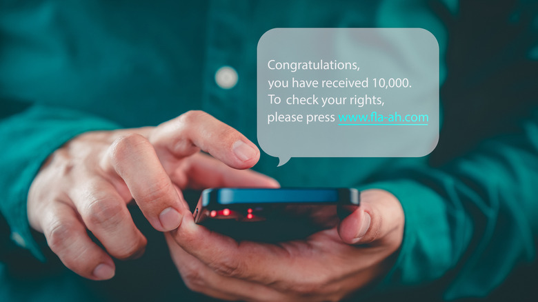 Smartphone user with a text scam on display