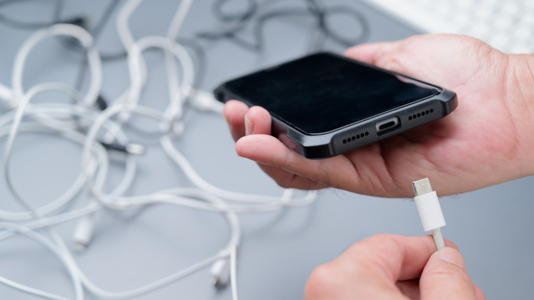 person holding smartphone with usb cable below it, cables behind