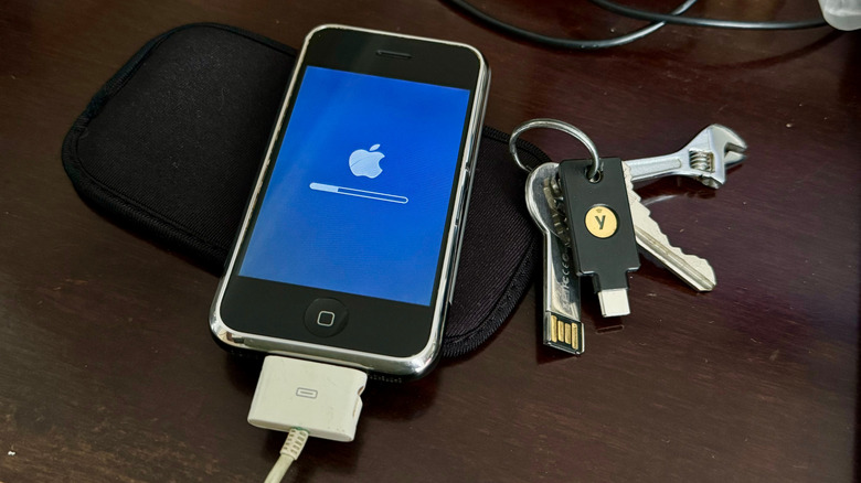 An iPhone 3G using Apple's first-generation charging cable