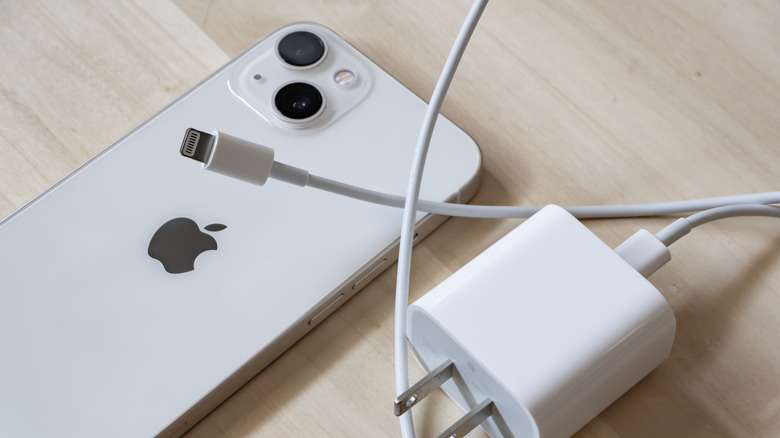 An iPhone with a Lightning cable and charging brick