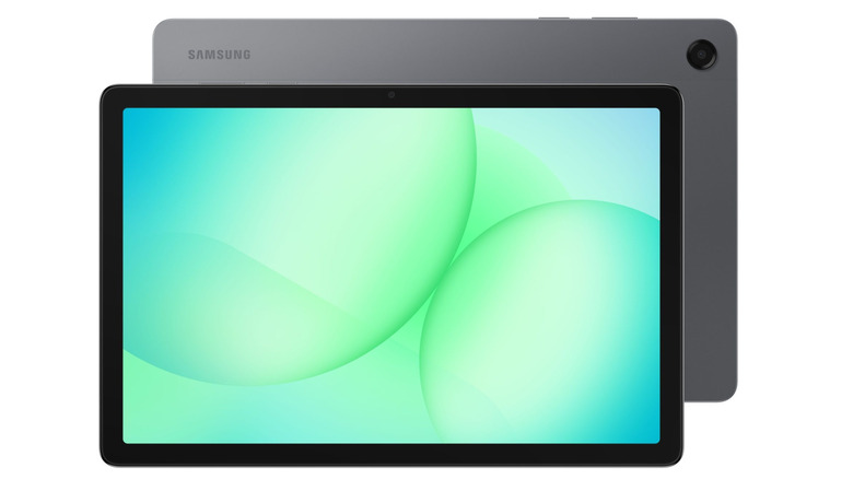A Samsung tablet displayed showing the screen and back of the device
