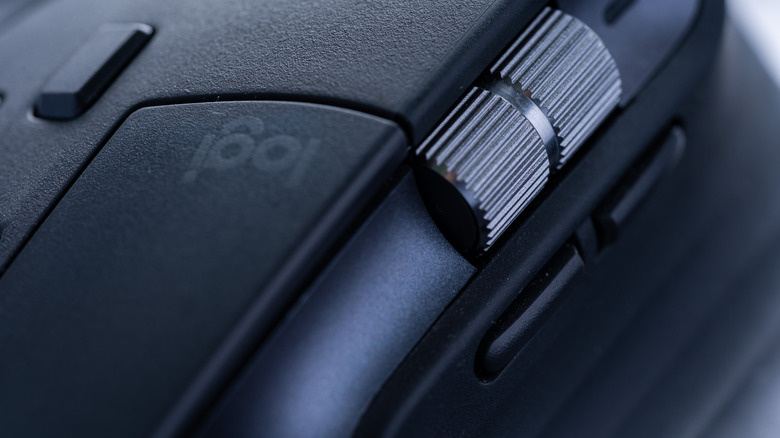 Macro view of a Logitech gaming mouse.