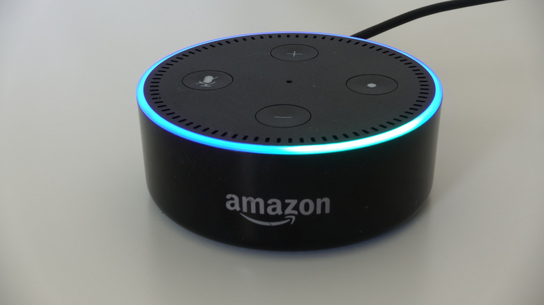 Close up of an Amazon Echo smart speaker.
