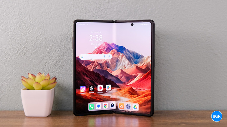 The Honor Magic V3's foldable display partially folded.