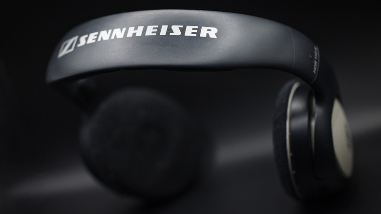 Close-up of  a pair of Sennheiser headphones with the logo visible.