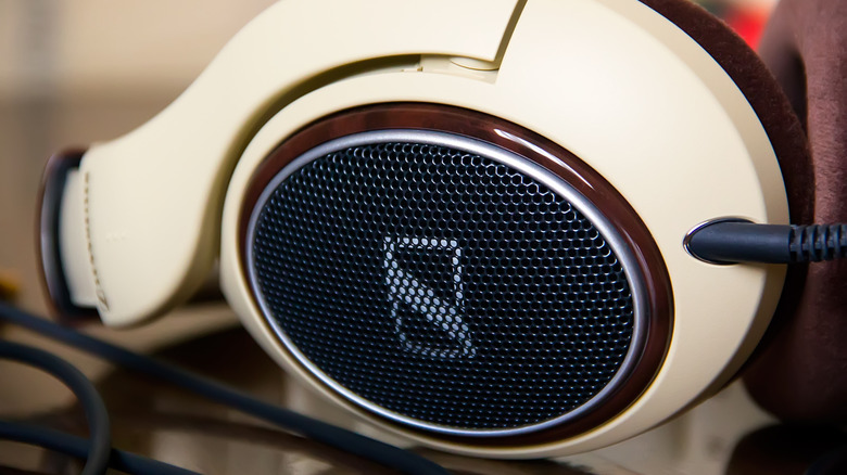 Close-up view of Sennheiser headphones.