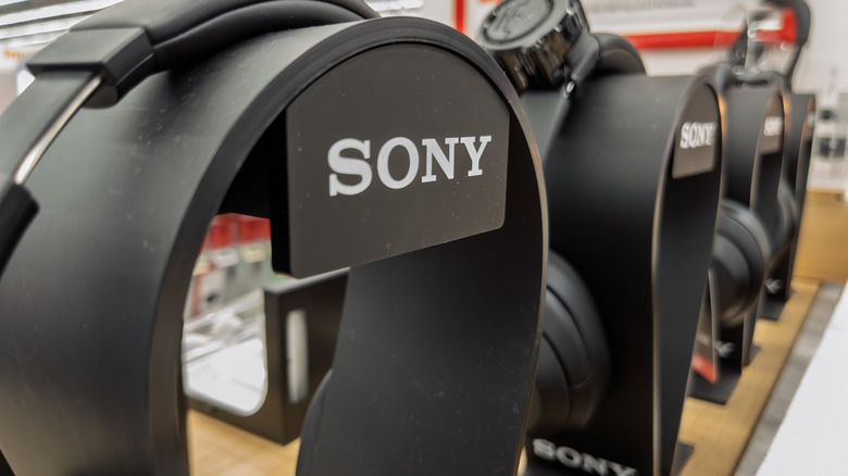 Premium Sony headphones on display in a store.