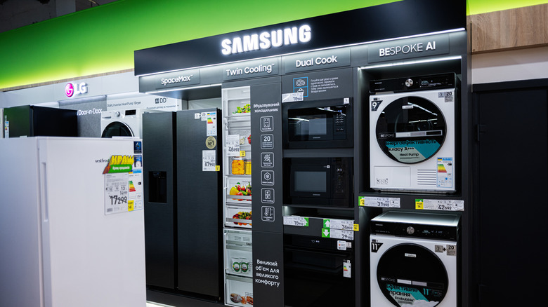 Various Samsung smart appliances in a showroom