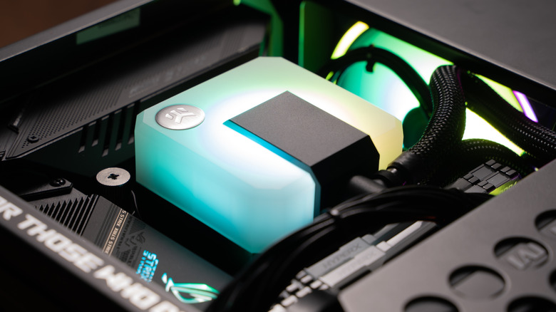 An RGB water cooler block on a processor.