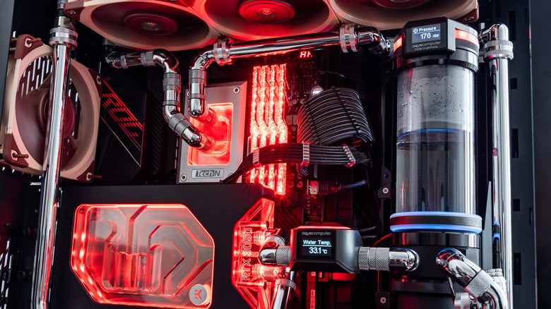 Close up of a liquid coolant system inside a custom PC.